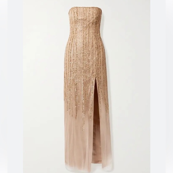 Marchesa Notte Strapless Embelished Gold Tille gown - Picture 2 of 5